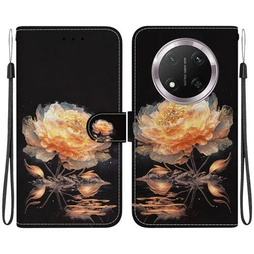 Funda de Cuero Honor X9C con Dibujo en Color y Textura de Cristal (Peonía Dorada)