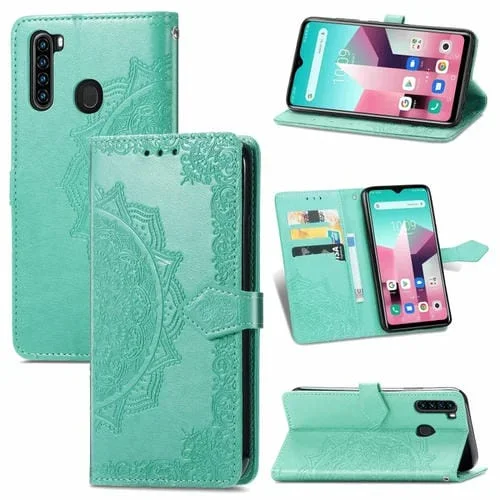 Funda de Cuero Horizontal BlackView A80 Pro Mandala Flower con Titular, 3 Tarjetas, Billetera y Cordón (Verde)