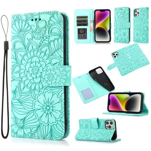 Funda de Cuero Horizontal con Girasol En Relieve para iPhone 13 Pro Skin Feel (Verde)