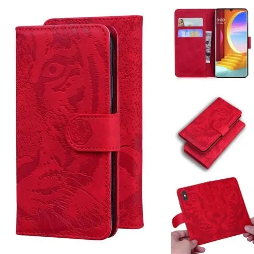 Funda de cuero horizontal con patrón Tiger para LG Velvet / G9 con tarjetero y billetera (Rojo)