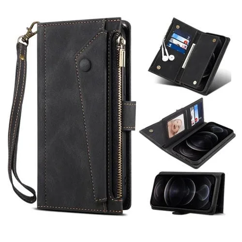 Funda de Cuero Horizontal Frostal Retro con Soporte Ranura Tarjetas Billetera Cremallera Pocket Lanyard para iPhone 8 Plus y 7 Plus (Negro)