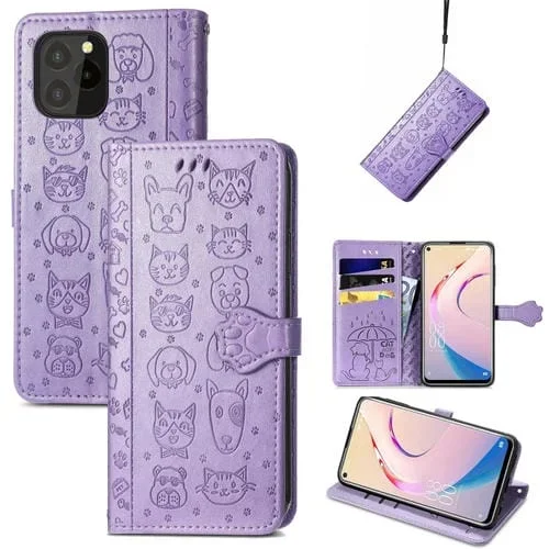 Funda de Cuero Horizontal para Oukitel C21 Pro con Soporte, Tragamonedas, Billetera y Cordón (Púrpura)