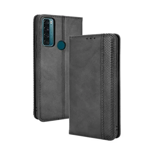 Funda de cuero horizontal para TCL 20 SE con textura Crazy Horse, cierre magnético, tarjetero y marco para fotos (Negro)