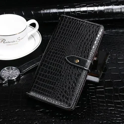 Funda de Cuero Idewei para Alcatel 1 (2021) Cocodrilo Textura Horizontal con Soporte y Billetera (Negro)