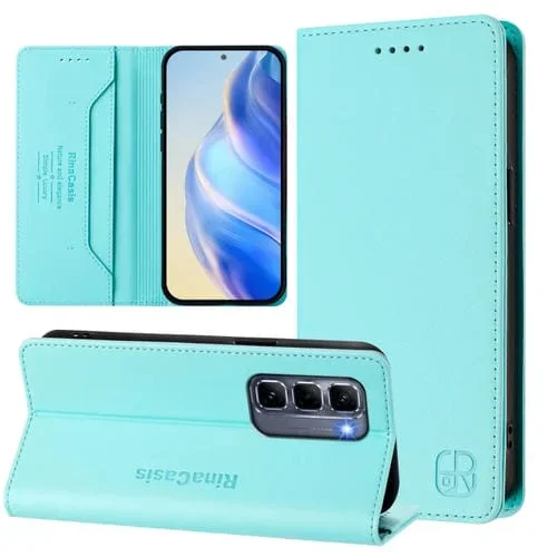 Funda de Cuero Infinix Hot 50 Pro+ 4G Rc01 con Doble Pliegue y Succión Magnética Rfid (Verde Menta)