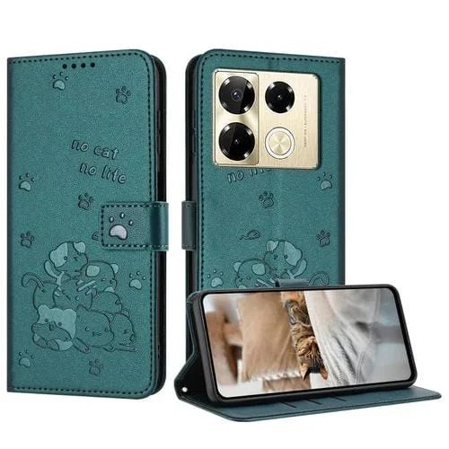 Funda de Cuero Infinix Note 40 Pro 4G/5G con Diseño de Gatito En Relieve y Cordón (Verde Oscuro)