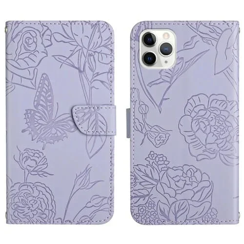 Funda de Cuero iPhone 11 Pro Max Skin Feel Butterfly Peony en Relieve (Púrpura)