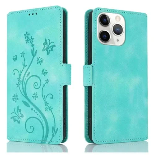 Funda de Cuero iPhone 11 Pro Relieve Mariposa Flor Amor Ensueño (Verde)