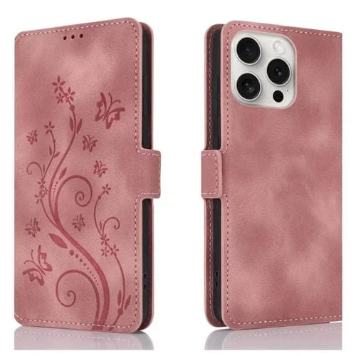 Funda de Cuero iPhone 12 Pro Max Relieve Mariposa Flor Amor Ensueño (Oro Rosa)