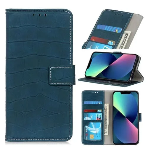 Funda de Cuero iPhone 13 Mini Tapa Horizontal Textura Cocodrilo Soporte Ranuras Tarjetas Billetera (Verde Oscuro)
