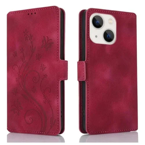 Funda de Cuero iPhone 14 Relieve Mariposa y Flor Amor Ensueño (Rojo)