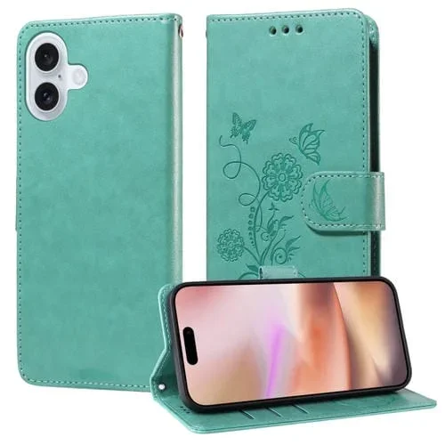 Funda de Cuero iPhone 16 Plus Diseño Mariposas y Flores En Relieve (Verde)