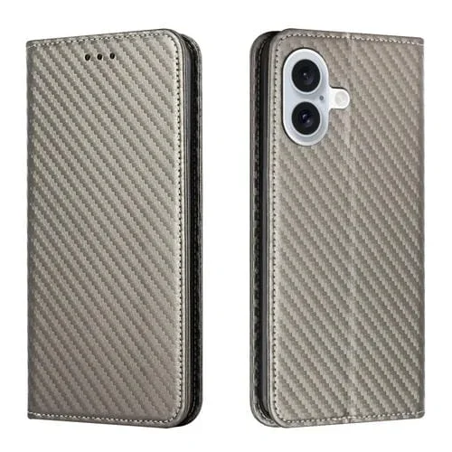 Funda de Cuero iPhone 16 Plus Tapa Magnética Textura Fibra de Carbono (Gris)