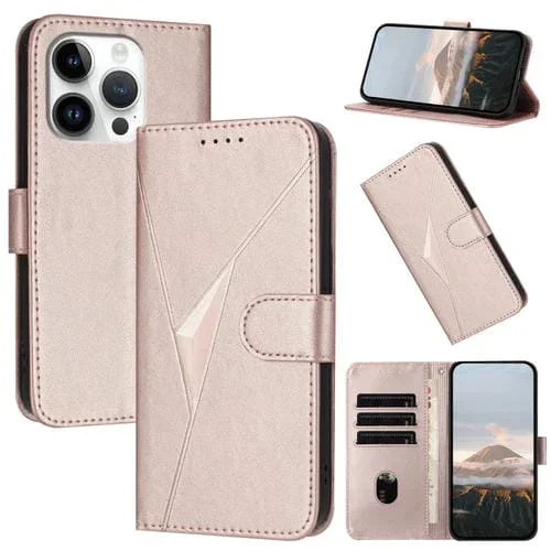 Funda de Cuero iPhone 16 Pro Cierre de Hebilla Diseño Triangular (Oro Rosa)