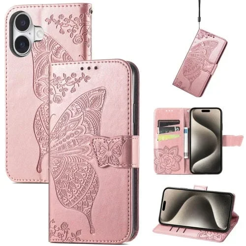 Funda de Cuero iPhone 16 Relieve Mariposa y Flor (Oro Rosa)