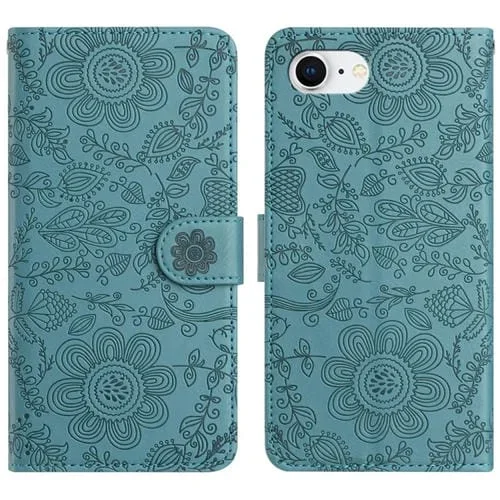 Funda de Cuero iPhone 16E Estampado Floral En Relieve (Verde Oscuro)