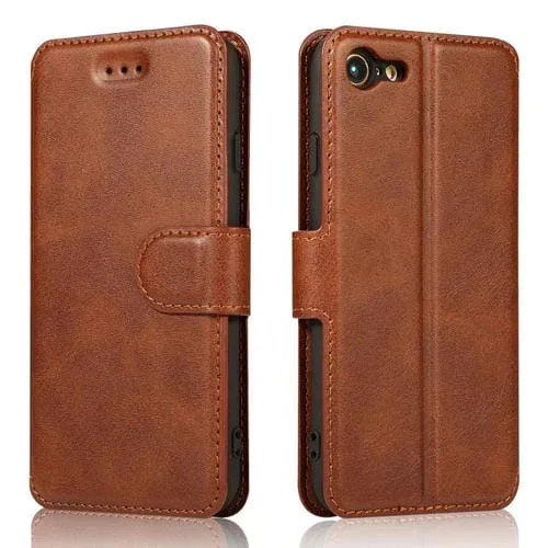 Funda de Cuero iPhone 7/8 Hebilla Magnética Textura Becerro Tapa Horizontal Soporte Ranuras Tarjetas Billetera Marco Fotos (Marrón)