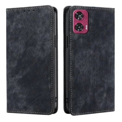 Funda de Cuero Magnética con Cepillo Antirrobo RFID para Motorola Edge 50 Fusion 5G (Negro)