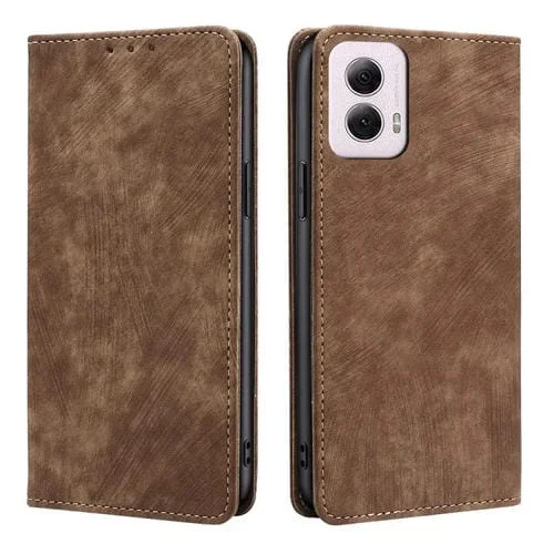 Funda de Cuero Magnética con Cepillo Antirrobo RFID para Motorola Moto G Power 5G (2024) (Marrón)