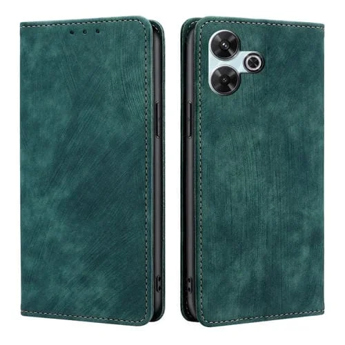 Funda de Cuero Magnética con Cepillo Antirrobo Rfid para Redmi 13 4G (Verde)