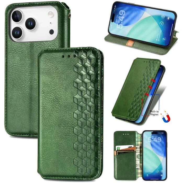 Funda de cuero magnética con diseño de cuadrícula cúbica para iPhone 17 Pro (verde)