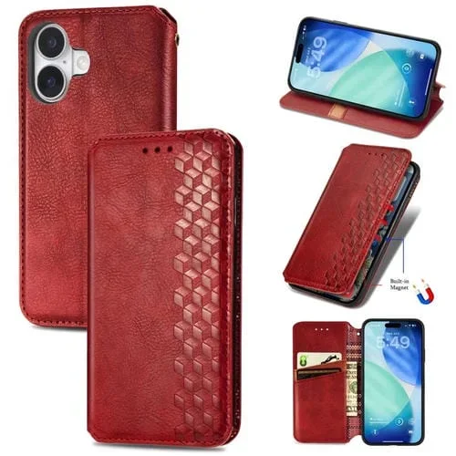 Funda de cuero magnética con diseño de cuadrícula cúbica para iPhone 17 (roja)