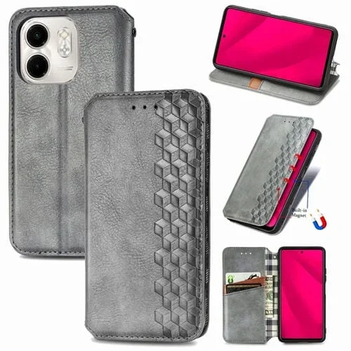 Funda de Cuero Magnética con Rejilla Cúbica Prensada para Infinix Smart 9 (Gris)