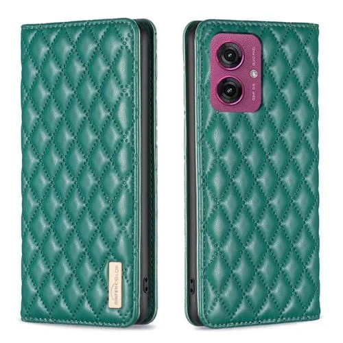 Funda de Cuero Magnética con Tapa Tipo Diamante para Motorola Moto G55 (Verde)
