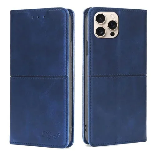 Funda de Cuero Magnética con Textura de Vaca para iPhone 16 Pro (Azul)