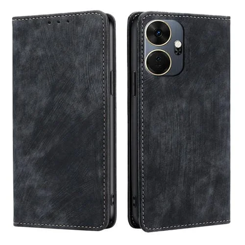 Funda de Cuero Magnética para Itel P55 + 4G con Rfid y Cepillo Antirrobo (Negro)