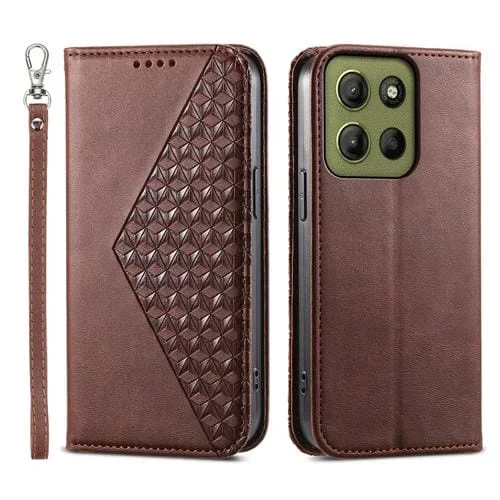 Funda de Cuero Magnética para Motorola Moto G15 con Textura de Becerro y Cuadrícula Cúbica (Marrón)