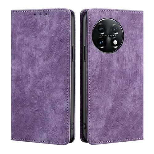 Funda de Cuero Magnética para OnePlus 11 con Protección RFID y Cepillo Antirrobo (Púrpura)