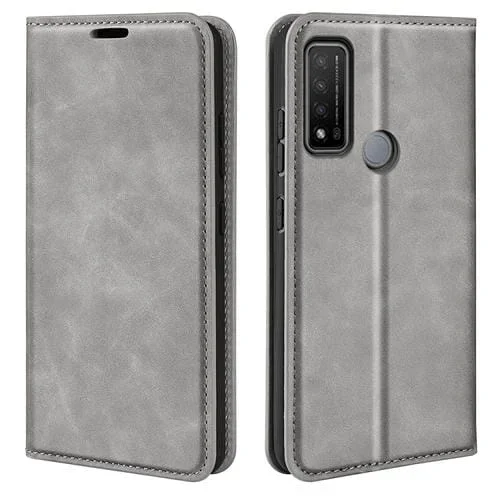 Funda de Cuero Magnética para TCL 20 R 5G con Soporte y Billetera (Gris)