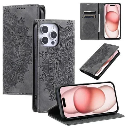 Funda de Cuero Magnética Totem para iPhone 13 Pro En Relieve (Gris)
