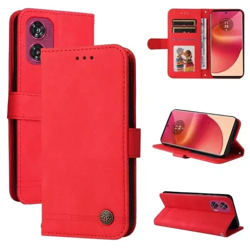Funda de Cuero Motorola Edge 50 Fusion con Botones de Metal y Árbol de la Vida (Rojo)