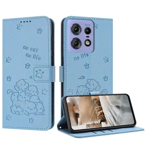 Funda de Cuero Motorola Edge 50 Pro con Diseño de Gatito En Relieve y Cordón (Azul)