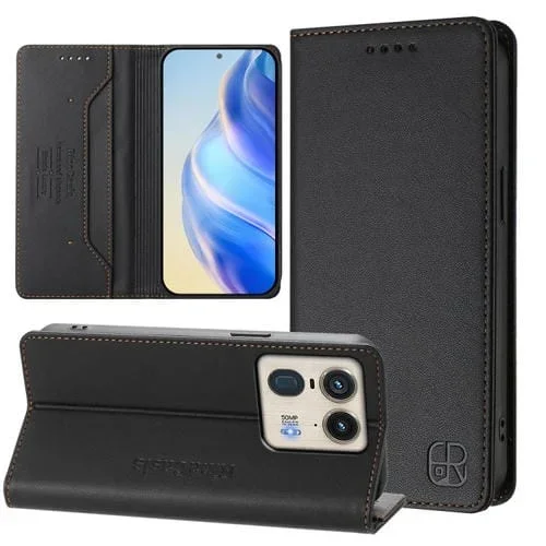 Funda de Cuero Motorola Edge 50 Ultra X50 Ultra Rc01 con Doble Pliegue y Succión Magnética (Negro)