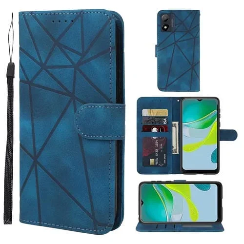 Funda de Cuero Motorola Moto E13 con Diseño Geométrico y Líneas (Azul)