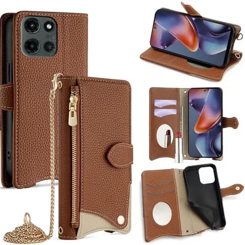 Funda de Cuero Motorola Moto G 2025 con Cadena Cruzada y Diseño Cola de Pez (Marrón)