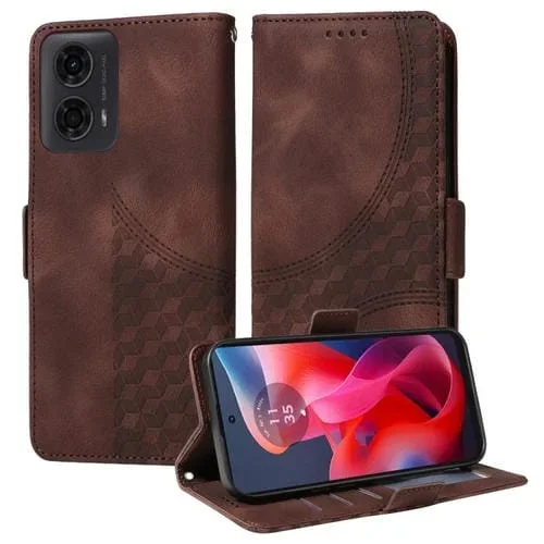 Funda de Cuero Motorola Moto G04/G04S/G24/E14 con Diseño de Rombos y Estrellas (Marrón)