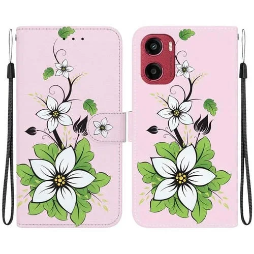 Funda de Cuero Motorola Moto G05/E15 con Dibujo de Colores y Textura de Cristal (Lily)
