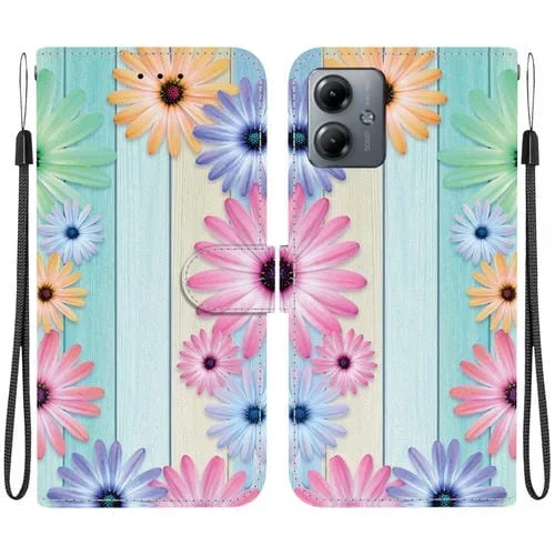 Funda de Cuero Motorola Moto G14 con Dibujo de Colores y Textura de Cristal (Girasoles)