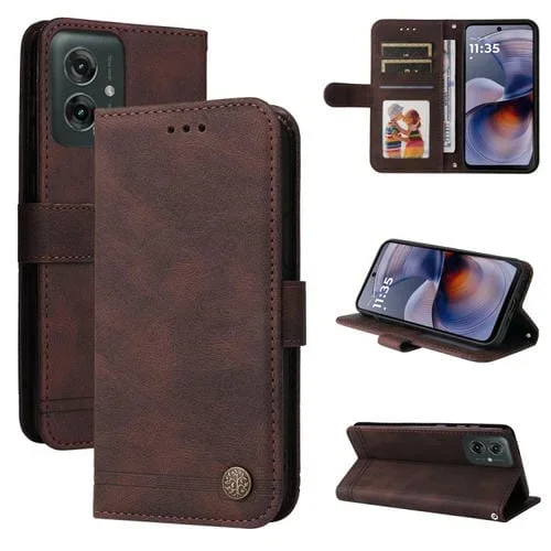 Funda de Cuero Motorola Moto G55 con Botones de Metal y Diseño Árbol de la Vida (Marrón)