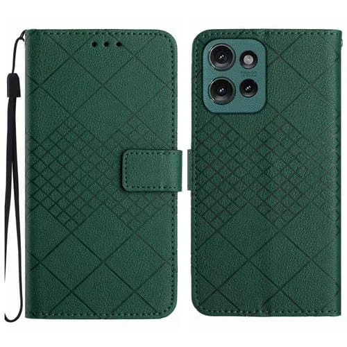 Funda de Cuero Motorola Moto G75 5G con Textura de Cuadrícula Rómbica (Verde)