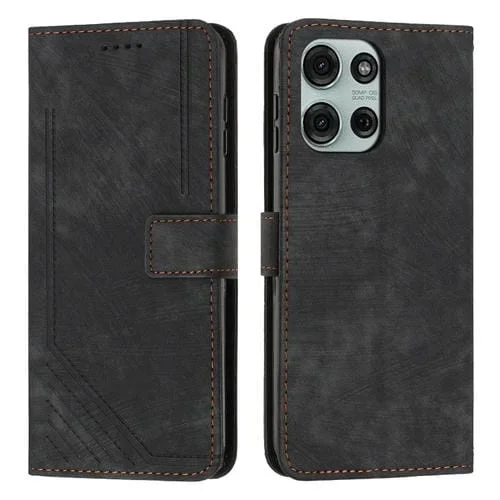Funda de Cuero Motorola Moto G75 con Diseño de Rayas y Tacto Agradable (Negro)