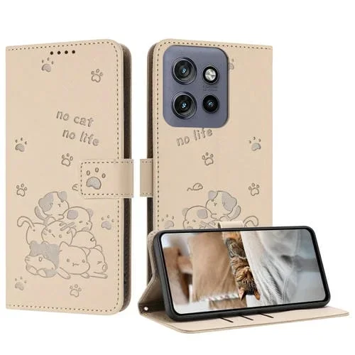 Funda de Cuero Motorola Moto S50 Edge 50 Neo con Diseño de Gatito en Relieve y Cordón (Beige)
