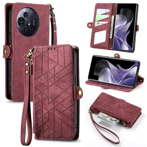 Funda de Cuero Nxtpaper para TCL 50 Pro con Hebilla Lateral y Cremallera Geométrica (Rojo)