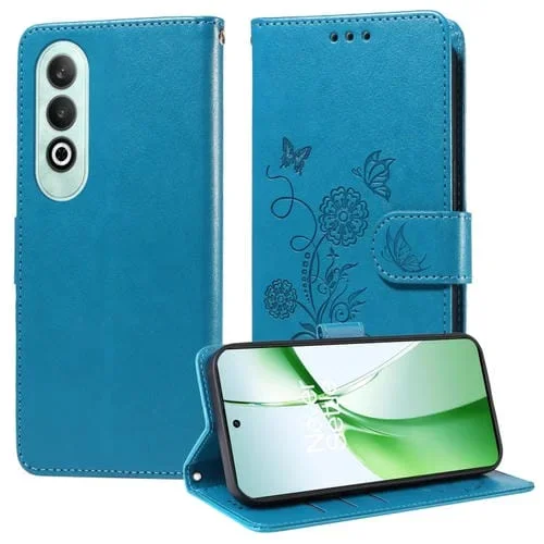 Funda de Cuero OnePlus Nord Ce 4 5G con Diseño de Mariposas y Flores en Relieve (Azul)
