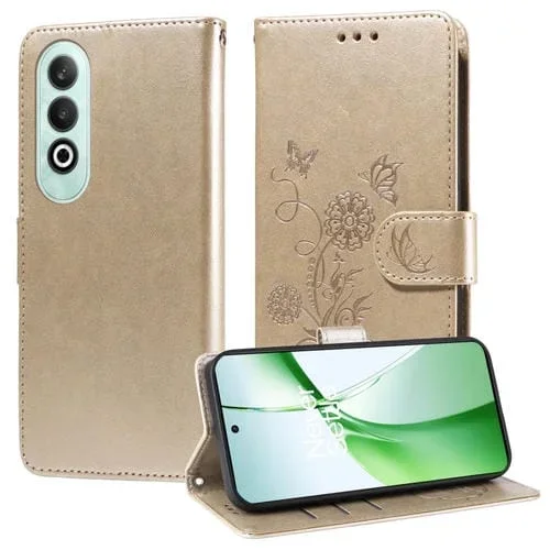 Funda de Cuero OnePlus Nord Ce 4 5G con Diseño Mariposas y Flores en Relieve (Dorada)