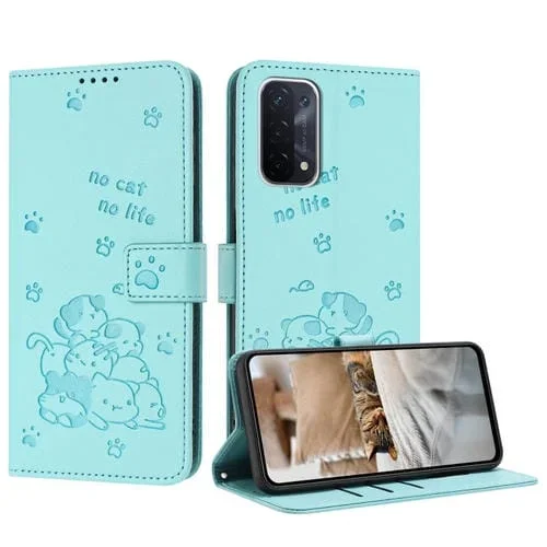 Funda de Cuero OnePlus Nord N200 5G con Diseño de Gatito en Relieve y Cordón (Verde Menta)
